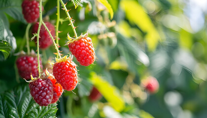 Wall Mural - Beautiful raspberry branch with ripening berries in garden, closeup