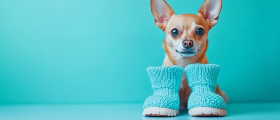 Wall Mural - A small dog wearing blue booties stands in front of a blue wall