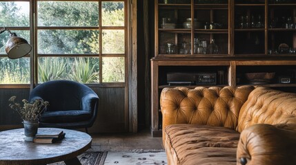 Wall Mural - Rustic Living Room Interior with Leather Sofa and Window View