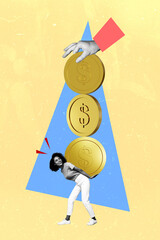 Poster - Vertical photo collage of happy american girl carry salary income golden coin profit earnings isolated on painted background