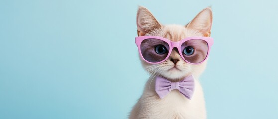 Wall Mural - A cat wearing sunglasses and a purple bow tie