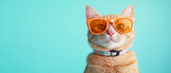 A cat wearing sunglasses and a collar is standing in front of a blue background