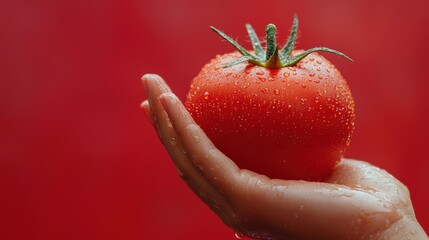 Wall Mural - Fresh Ripe Red Tomato Being Held in Hand Against Red Background