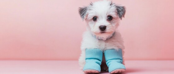 A small white and gray dog is wearing blue booties and sitting on a pink surface