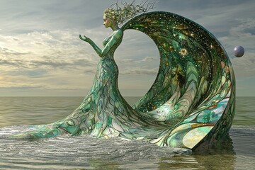 Wall Mural - Enchanting Mermaid Emerging from Crashing Wave in Fantasy Ocean Landscape