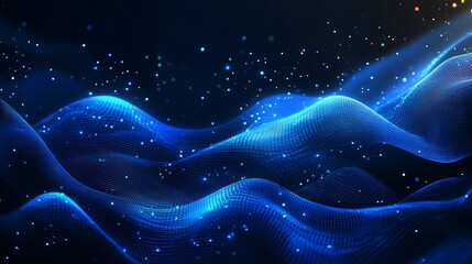 Sticker - Stunning abstract waves in vibrant blue hues, shimmering with light particles against a dark background, evoking a sense of tranquility.