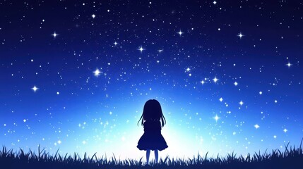 Canvas Print - A young girl gazes at a bright starry sky, her eyes sparkling with wonder in this vibrant anime illustration.