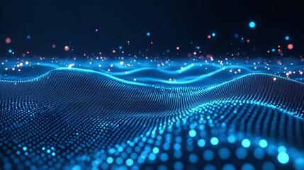 Stunning close-up of blue waves of light and particles creating an abstract digital landscape in a dark background.
