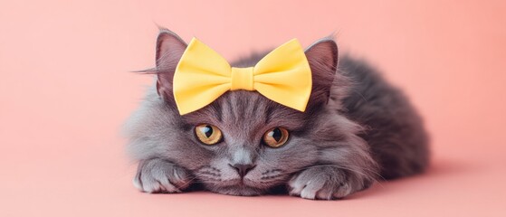 Wall Mural - A cat with a yellow bow on its head lays on a pink background