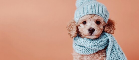 Wall Mural - A small dog wearing a blue hat and a blue scarf