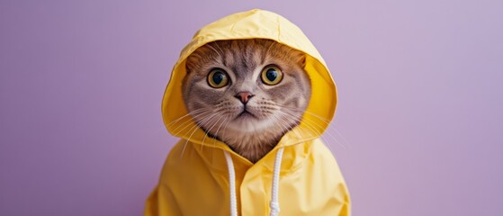 Wall Mural - A cat is wearing a yellow raincoat and looking at the camera