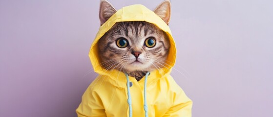 Wall Mural - A cat is wearing a yellow raincoat and standing in front of a purple background