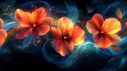 Semiabstract design of wildflowers and vines intertwining with bright flowing neon lines forming a radiant dynamic garden of energy and life