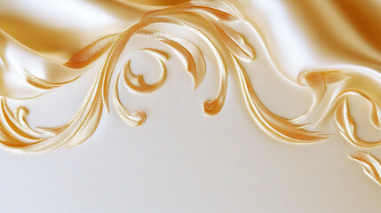 A gold and white fabric with a gold design on it