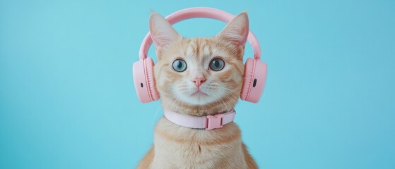 A cat wearing pink headphones is sitting on a blue background