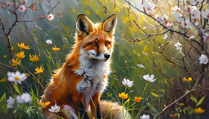 Vibrant red fox resting gracefully amidst blooming spring flowers