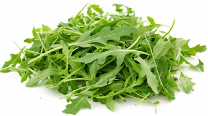 Wall Mural - Fresh organic arugula leaves isolated. Pile of tasty salad ingredient, healthy nutrition concept.