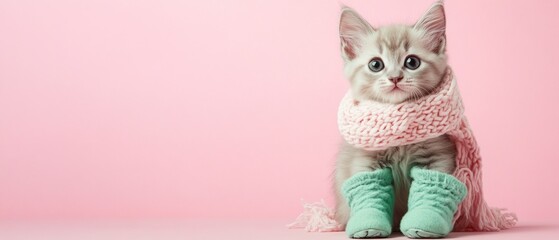 A kitten wearing a pink and green scarf