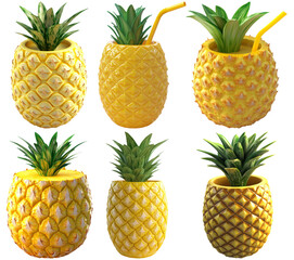 Pineapple set isolated on transparent background. Various designs of pineapples for tropical themes and decoration.