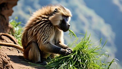 Gelada monkey peacefully grazing atop a rugged cliff overlooking stunning landscapes