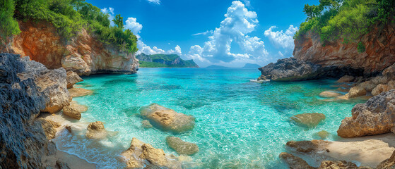 Wall Mural -  A secluded bay with crystal clear blue waters flowing over a rocky shoreline and towering cliffs above the beach under a clear sky.