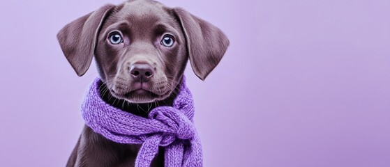 a brown dog wearing a purple scarf