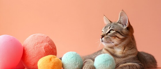 Wall Mural - A cat is laying on a pile of colorful balls, including a pink one