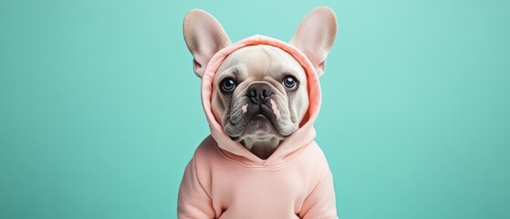 Wall Mural - A dog is wearing a pink hoodie and looking at the camera