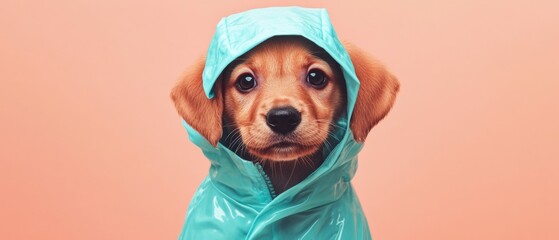 Wall Mural - A small brown dog is wearing a blue raincoat