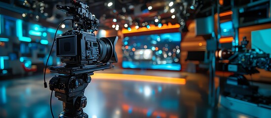 professional video camera setup in a modern tv studio with bright stage lights and equipment for bro