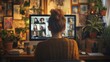 © CreativeArt - A woman engaged in a virtual meeting while seated at her desk surrounded by plants, art, and personal decorations in a cozy home environment during the evening