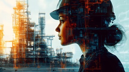 A woman wearing a hard hat stands in front of a large industrial plant. The image is a digital rendering of the woman and the plant, with the woman's face