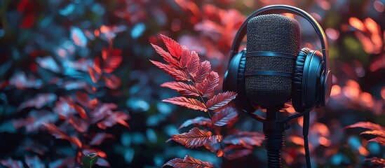 Close-up of a black microphone and headphones surrounded by vibrant foliage, blending technology with nature in a colorful setting.