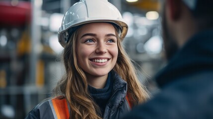 A young female engineer smiles while discussing project details on a construction site during the afternoon, showcasing teamwork and dedication to her profession