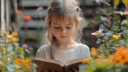 a young girl reading a book surrounded by colorful flowers in a vibrant garden during a sunny aftern