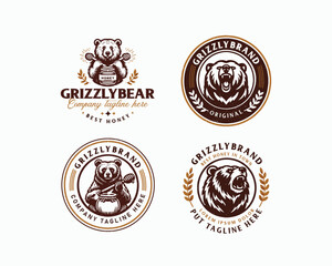 Set vintage bundle classic wild grizzly bear logo design for business company