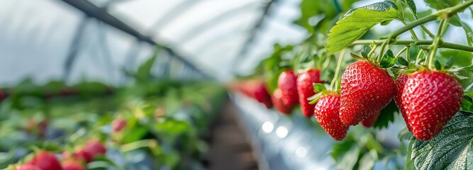 Close-up of ripe strawberries growing in a greenhouse, showcasing fresh, vibrant red berries against lush green leaves.