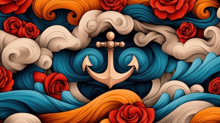 Poster - A colorful illustration of a ship with an anchor in the middle, AI