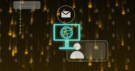 Animation of media icons and globe over binary coding