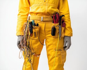 Female electrician in striking yellow overalls working on wiring, tools hanging from belt, neutral white background