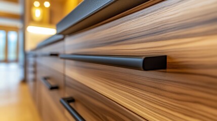 Poster - A close up of a kitchen cabinet with black handles, AI