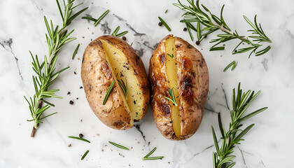 Canvas Print - Tasty baked potato and aromatic rosemary on white marble table, flat lay