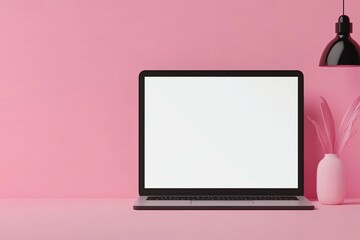 Wall Mural - Laptop with Blank Screen on Pink Desk with Black Pendant Lamp and Pink Vase