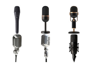 Vintage microphones set isolated on transparent background showing different designs for retro audio equipment and music themes