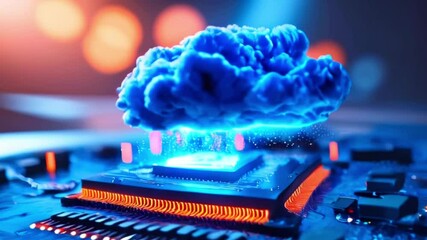 Canvas Print - Cloud computing concept with a blue cloud hovering above a computer chip.