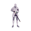 © Paper Trident - Ancient warrior of Spain army in helmet. Medieval Spanish knight in metal armour holds sword in hands. Historical soldier in steel armor with weapon. Flat isolated vector illustration on white