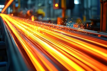 Close-up of Hot Metal Rods Moving on a Conveyor Belt