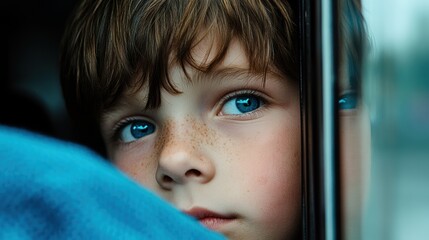 Sticker - A close up of a young boy with blue eyes looking out the window, AI