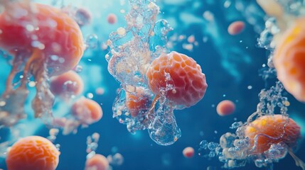 Poster - Abstract Close-up of Orange Spheres Surrounded by Water Bubbles