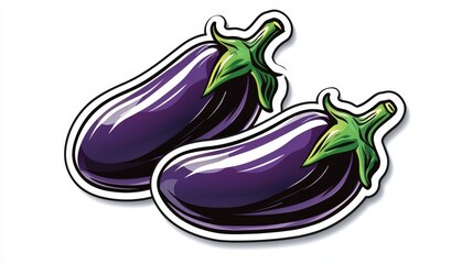 Two vibrant eggplants featuring deep purple skin and fresh green leaves, perfect for culinary or health-related projects.